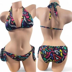 Victoria's Secret Multicolor Graphic Halter Top Matching Bottom Bikini 2010 Vtg